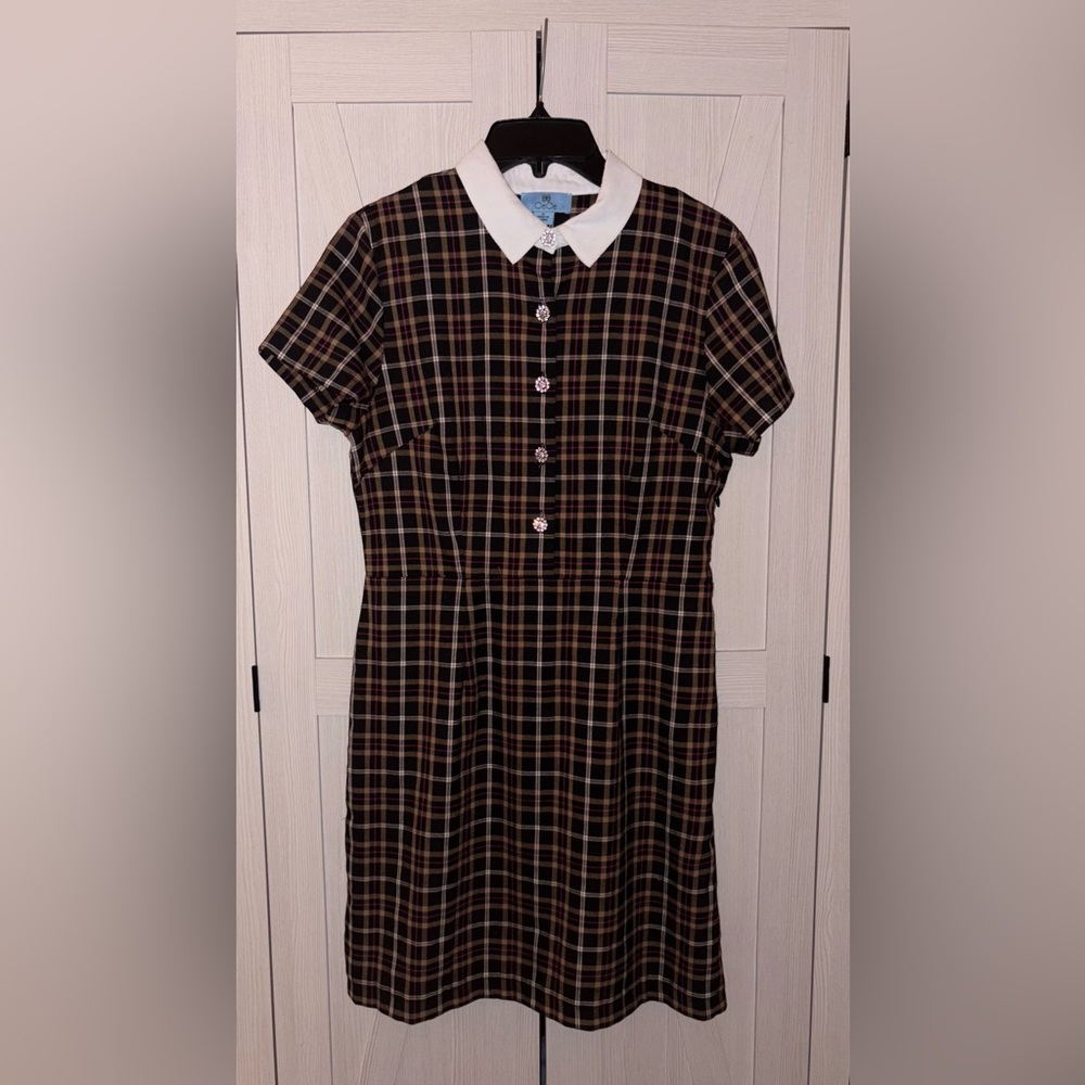 CeCe Black and Brown Plaid Dress with White Collar
